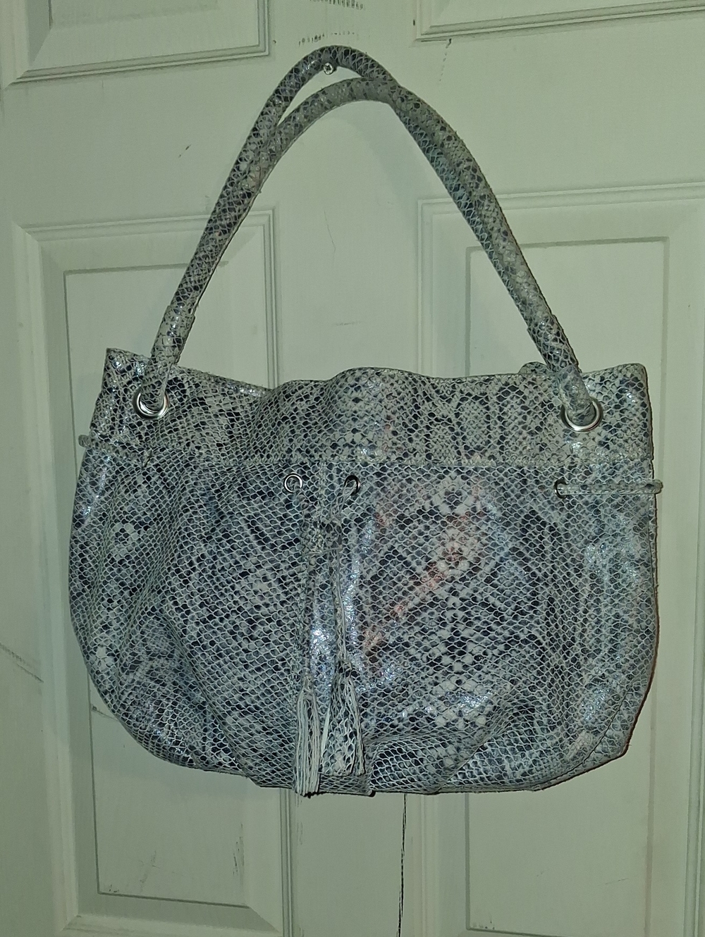 Faux-Snakeskin Shoulder Tote in Gray and White